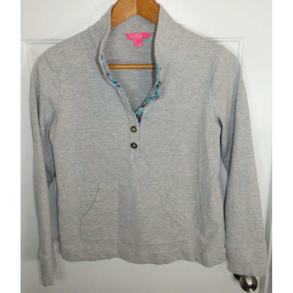 Lilly Pulitzer Womens Landley Popover Heather Gray/Tropical Trim Pullover Medium